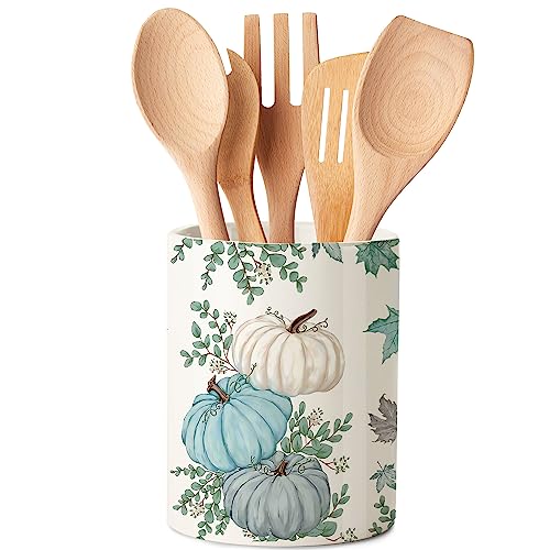 Thanksging Fall Utensil Holder Ceramic, Blue Utensil Holder for Kitchen Counter Countertop, Cooking Utensil Crock with Non-slip Mat, Pumpkins Farmhouse Kitchen Decor, Spatula Utensil Storage Organizer