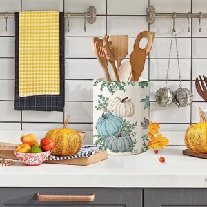 Thanksging Fall Utensil Holder Ceramic, Blue Utensil Holder for Kitchen Counter Countertop, Cooking Utensil Crock with Non-slip Mat, Pumpkins Farmhouse Kitchen Decor, Spatula Utensil Storage Organizer