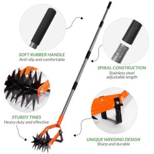 Walensee Rotary Cultivator Tool, Adjustable Garden Hand Tiller with Stainless Steel Pole, 2-in-1 Garden Weeder and Crumbler Soil Cultivator Tool with Weeding Knife for Soil Mixing or Reseeding Grass
