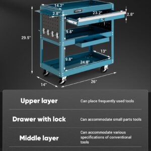 LDHTHOPI Tool Cart, 3 Tier Rolling Tool Cart with Drawers, 330 LBS Utility Tool Cart on Wheels for Mechanics, Commercial Tool Service Cart with Lock for Garage, Home, Hotel, Repair Shop, and Warehouse