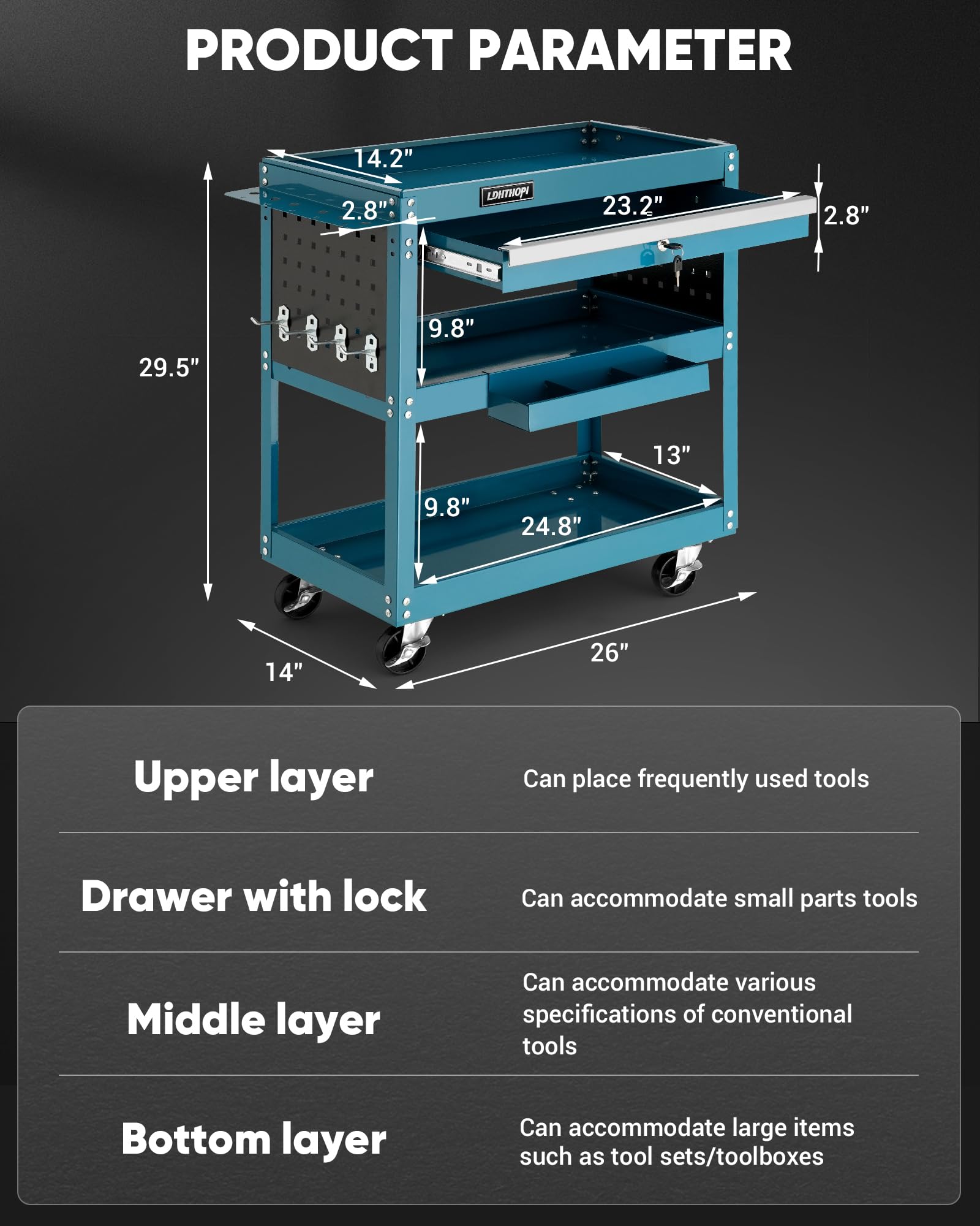 LDHTHOPI Tool Cart, 3 Tier Rolling Tool Cart with Drawers, 330 LBS Utility Tool Cart on Wheels for Mechanics, Commercial Tool Service Cart with Lock for Garage, Home, Hotel, Repair Shop, and Warehouse