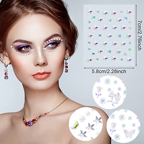 OIIKI 4 Sheets Star Face Eye Stickers, Star Jewelry Eye Body Sticker, Acrylic Crystal Face Gems, Halloween Moon Pearls Butterfly Face Makeup Stickers, 4 Styles Rhinestone Tattoos for Women, Girls