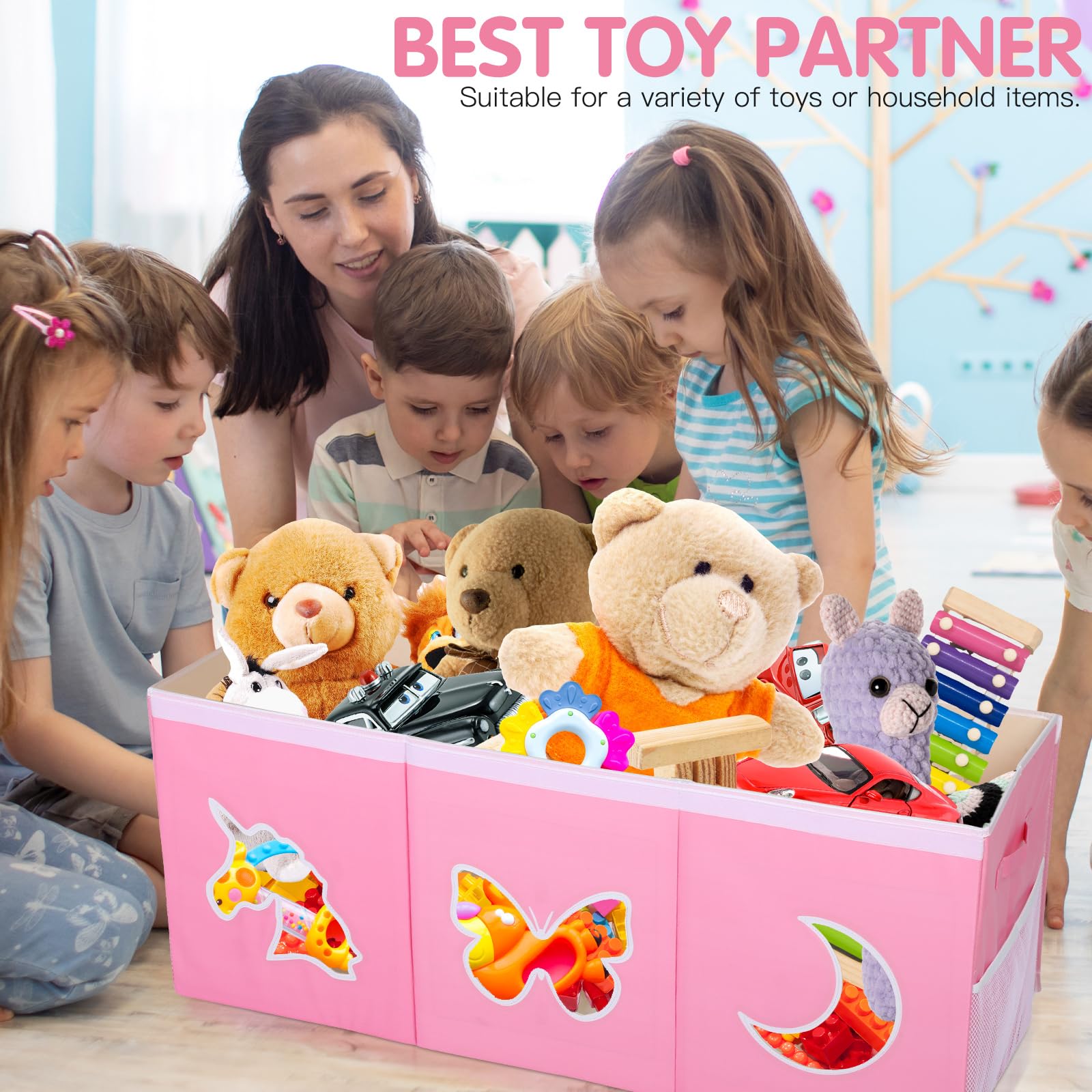 Geetery Extra Large Toy Chest Storage Box Girls Toy Storage Chest Unicorn Toy Organizer with Lid 40.4 x 14.0 x 16.3'' Collapsible Storage Bin with Handle and Mesh Pocket for Nursery Playroom Bedroom