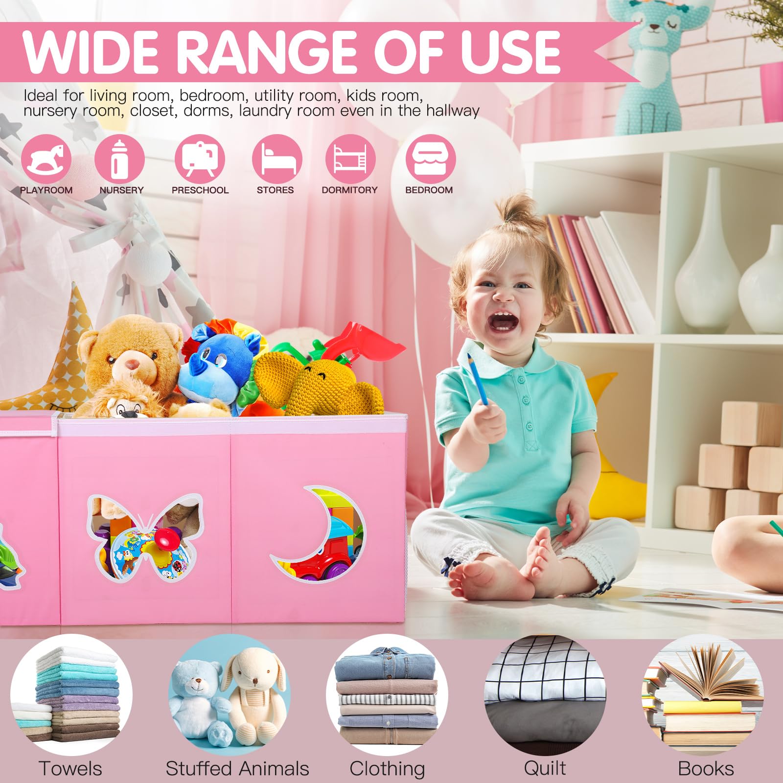 Geetery Extra Large Toy Chest Storage Box Girls Toy Storage Chest Unicorn Toy Organizer with Lid 40.4 x 14.0 x 16.3'' Collapsible Storage Bin with Handle and Mesh Pocket for Nursery Playroom Bedroom