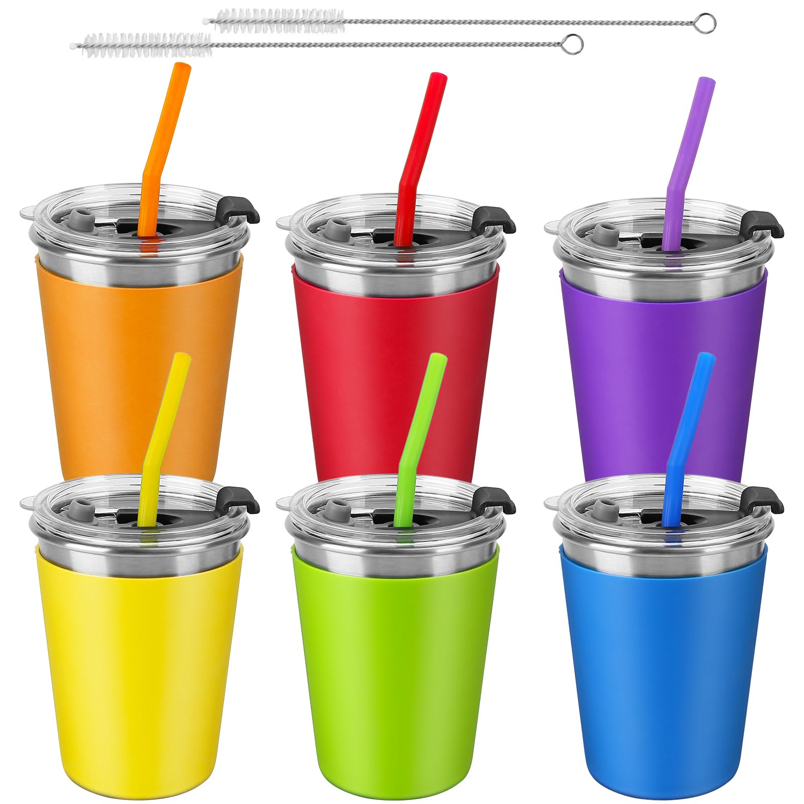 ShineMe 6pcs Spill Proof Cups for Kids,12oz Toddler Cups with Straws and Lids, Reusable Stainless Steel Kids Cups with Rainbow Color Silicone Sleeves for Cold & Hot Drinks