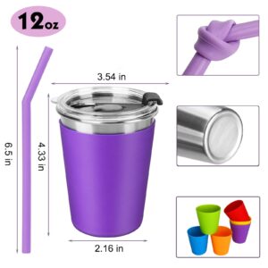 ShineMe 6pcs Spill Proof Cups for Kids,12oz Toddler Cups with Straws and Lids, Reusable Stainless Steel Kids Cups with Rainbow Color Silicone Sleeves for Cold & Hot Drinks