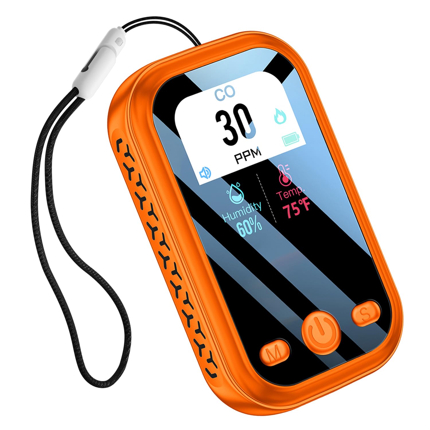 CEKKIENA [3-in-1] Carbon Monoxide Detector Portable Mini Air Quality Monitor with Lanyard Alarm CO Gas Meter Temperature Humidity Sensor Built-in 1000mAh Battery, Indoor/Outdoor (Orange)