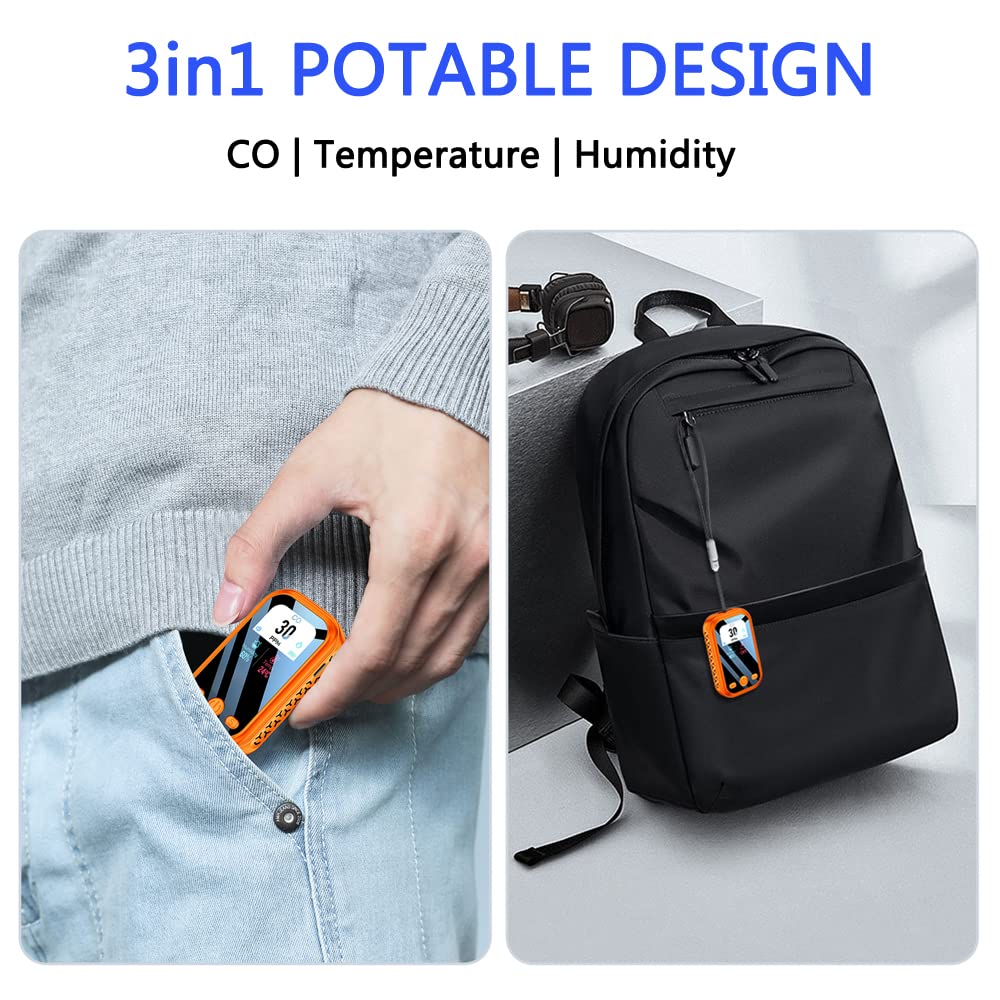 CEKKIENA [3-in-1] Carbon Monoxide Detector Portable Mini Air Quality Monitor with Lanyard Alarm CO Gas Meter Temperature Humidity Sensor Built-in 1000mAh Battery, Indoor/Outdoor (Orange)