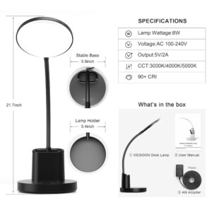Vicsoon Desk Lamp, LED Desk Lamp for Home Office, Touch Table Lamp with 3 Color Modes 360° Adjustable Arm, Dimmable Desk Light with Pen Phone Holder, Black
