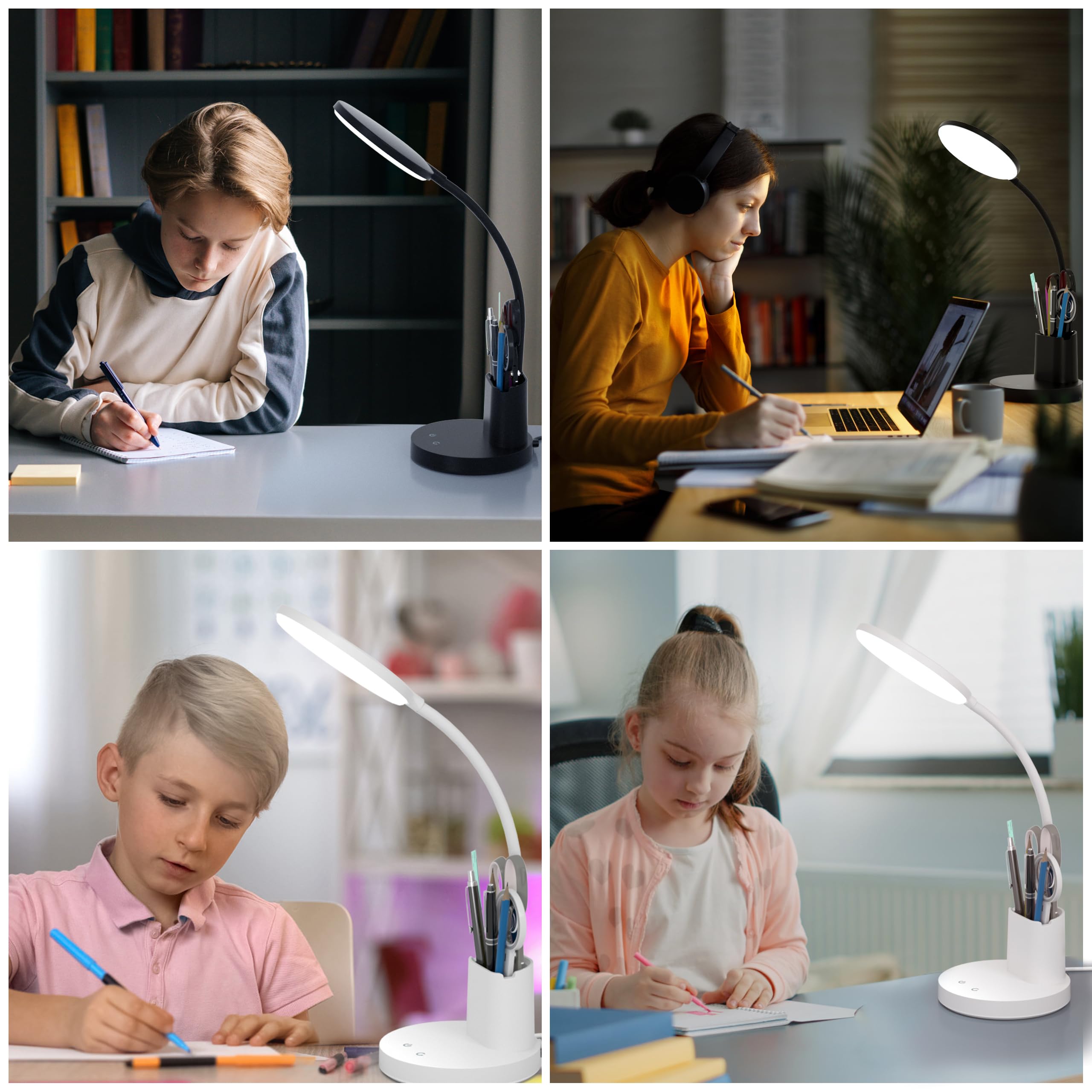 Vicsoon Desk Lamp, LED Desk Lamp for Home Office, Touch Table Lamp with 3 Color Modes 360° Adjustable Arm, Dimmable Desk Light with Pen Phone Holder, Black