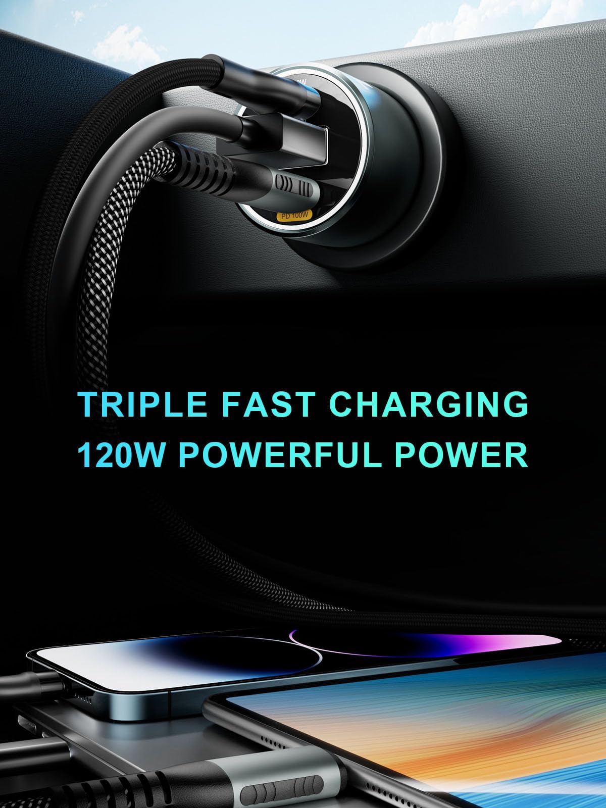 120W USB C Car Charger All-Metal PD3.0 100W/20W+18W 3 Ports Car Laptop Charger Compatible with MacBook,iPhone 15/14/13,Samsung Galaxy S23/22,Google Pixel 7/6(Comes with 100W C-C/20W C-L 3.3FT Cable)