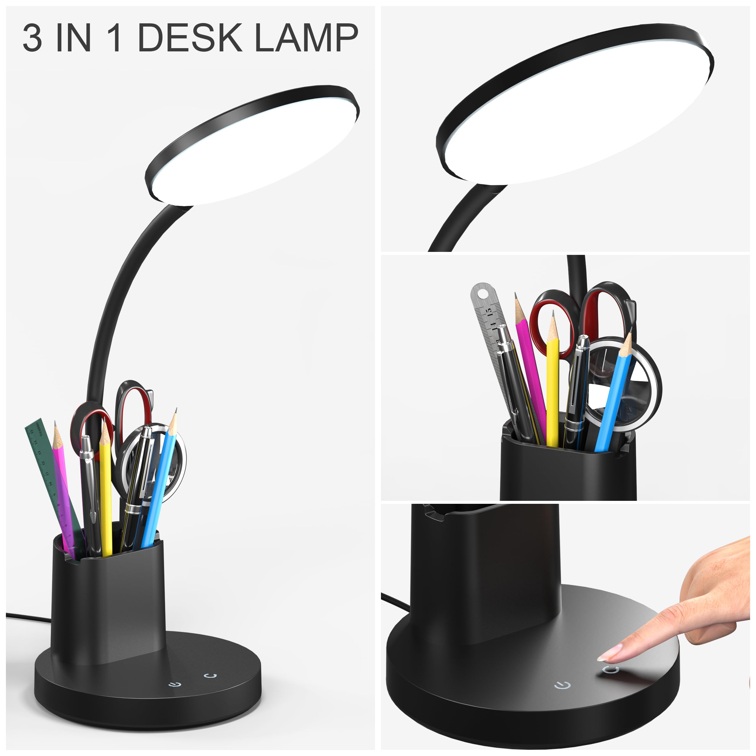 Vicsoon Desk Lamp, LED Desk Lamp for Home Office, Touch Table Lamp with 3 Color Modes 360° Adjustable Arm, Dimmable Desk Light with Pen Phone Holder, Black