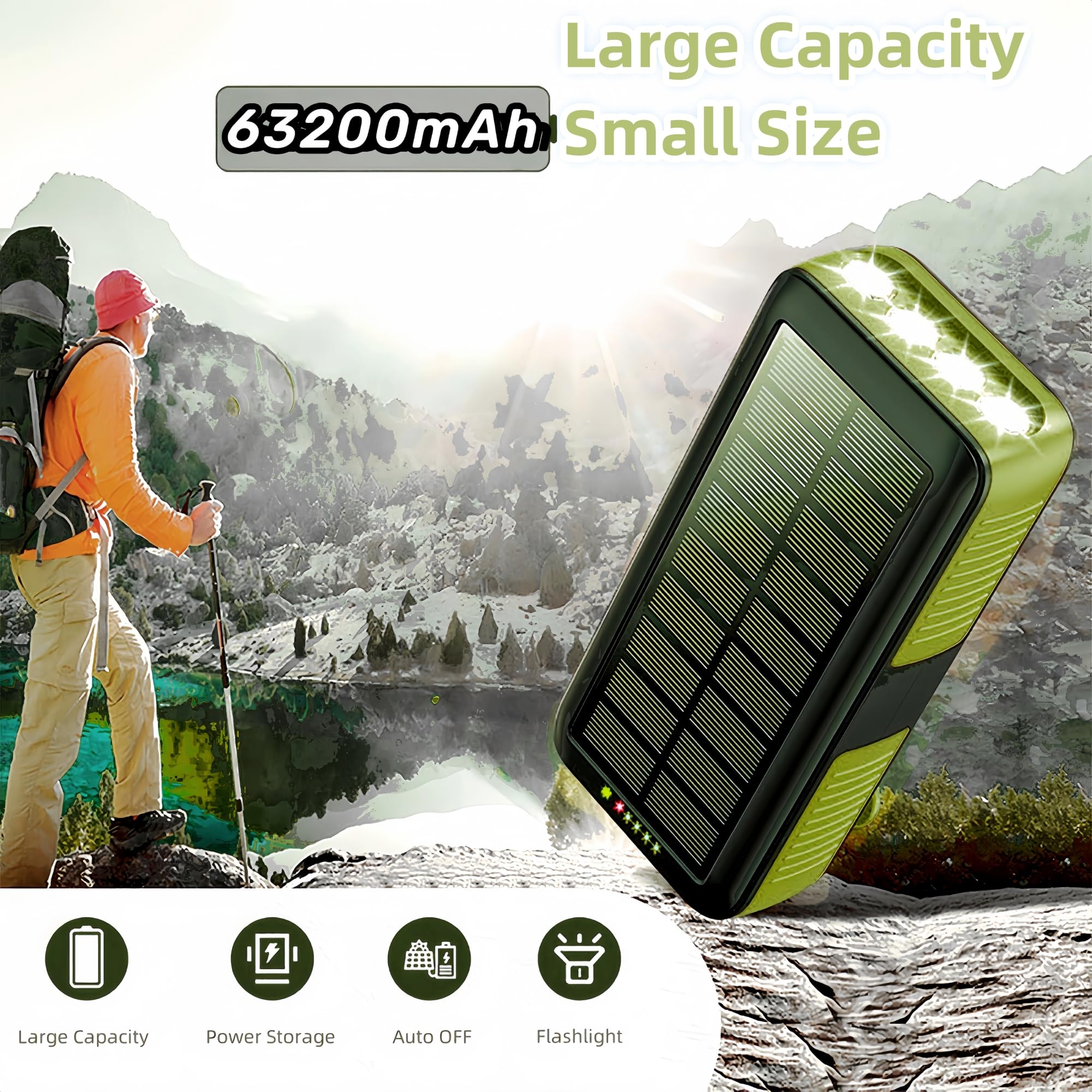 PECUWE Solar Power Bank Charger 63200mAh Hand Crank Fast Charging Power Bank Outputs Inputs Solar Portable Charger 4 flashlights for Camping Gear Accessories Essentials