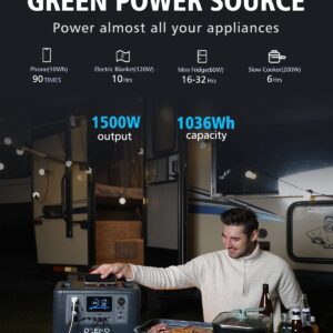 DEENO Portable Power Station X1500, 1036Wh LiFePO4 (LFP) Battery, 1500W(Peak 3000W) Solar Generator (Solar Panel Optional) for Outdoor Camping RVs Home Use Emergency Travel