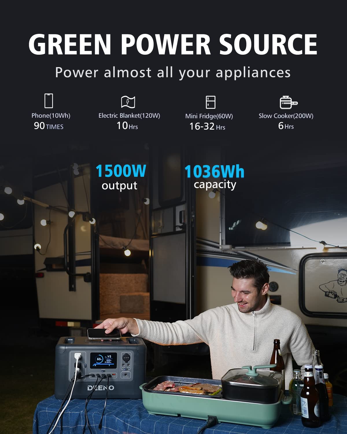 DEENO Portable Power Station X1500, 1036Wh LiFePO4 (LFP) Battery, 1500W(Peak 3000W) Solar Generator (Solar Panel Optional) for Outdoor Camping RVs Home Use Emergency Travel