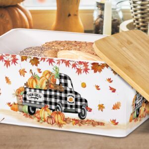 pinata Thanksgiving Decorations Bread Box, Thanksgiving Decor for Home Indoor, Buffalo Plaid Metal Bread Box Storage Container with Bamboo Cutting Board Lid, Fall Bread Container for Kitchen Counter