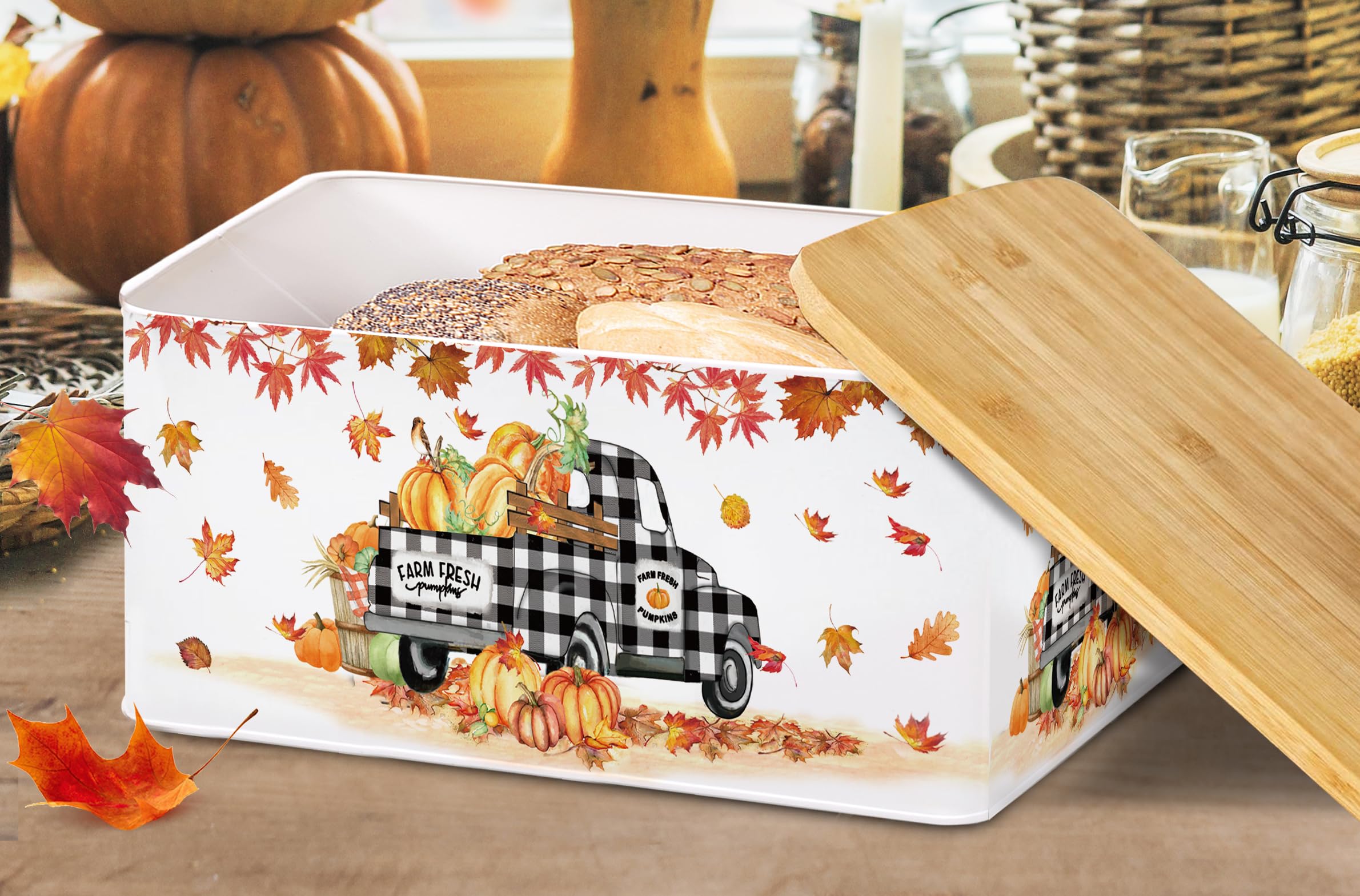 pinata Thanksgiving Decorations Bread Box, Thanksgiving Decor for Home Indoor, Buffalo Plaid Metal Bread Box Storage Container with Bamboo Cutting Board Lid, Fall Bread Container for Kitchen Counter