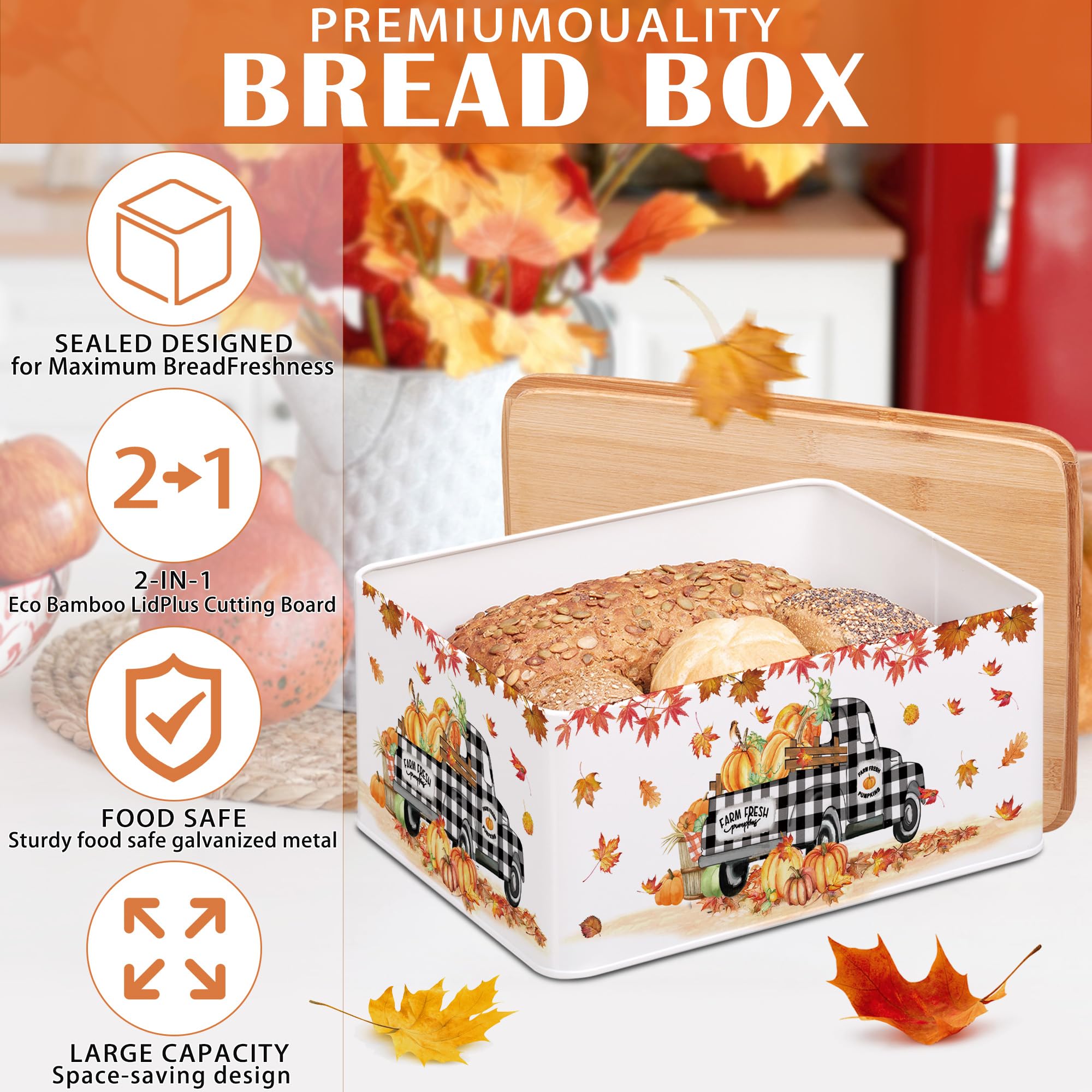 pinata Thanksgiving Decorations Bread Box, Thanksgiving Decor for Home Indoor, Buffalo Plaid Metal Bread Box Storage Container with Bamboo Cutting Board Lid, Fall Bread Container for Kitchen Counter