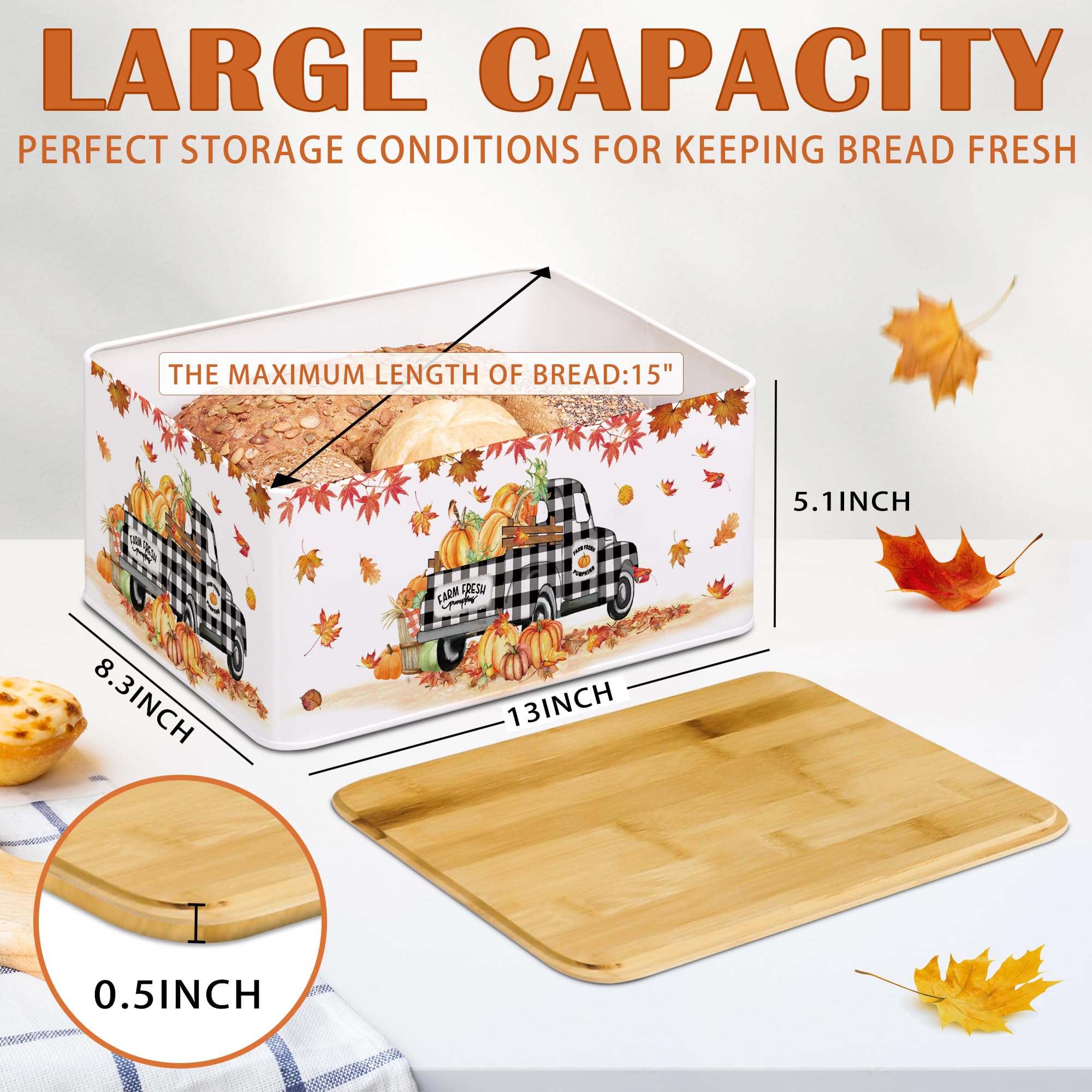 pinata Thanksgiving Decorations Bread Box, Thanksgiving Decor for Home Indoor, Buffalo Plaid Metal Bread Box Storage Container with Bamboo Cutting Board Lid, Fall Bread Container for Kitchen Counter
