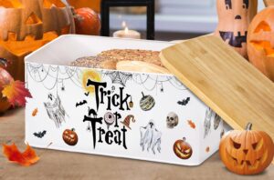 halloween bread box with bamboo cutting board lid, modern metal bread storage container trick or treat kitchen decor, vintage halloween decorations for home organizer, halloween gifts for women