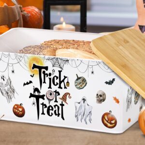Halloween Bread Box with Bamboo Cutting Board Lid, Modern Metal Bread Storage Container Trick or Treat Kitchen Decor, Vintage Halloween Decorations For Home Organizer, Halloween Gifts for Women