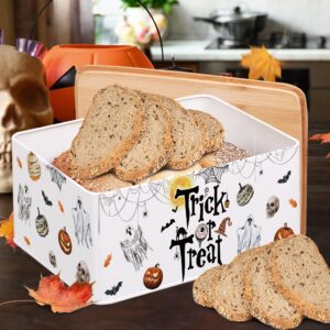 Halloween Bread Box with Bamboo Cutting Board Lid, Modern Metal Bread Storage Container Trick or Treat Kitchen Decor, Vintage Halloween Decorations For Home Organizer, Halloween Gifts for Women