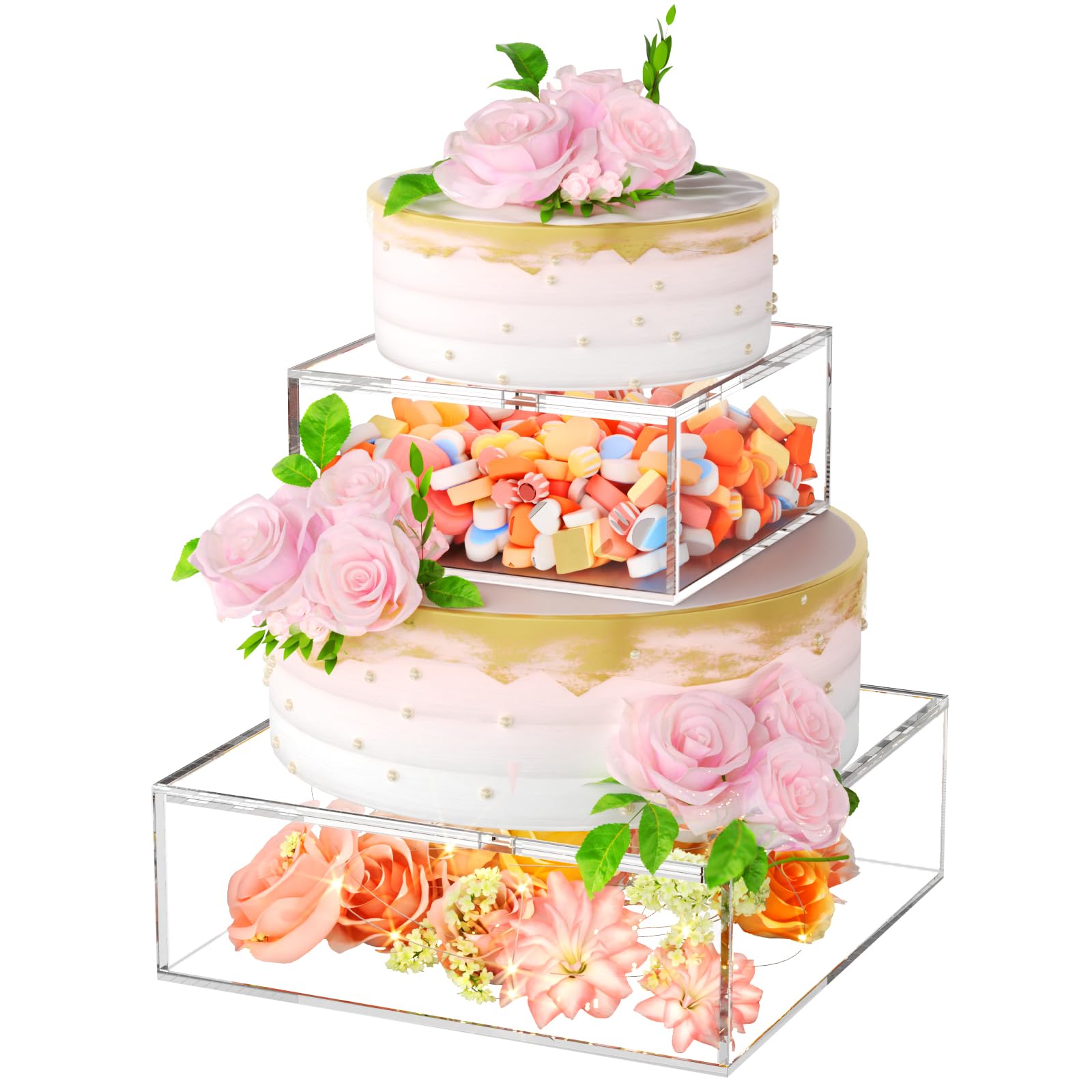 2PCS Clear Acrylic Cake Stand, Fillable Cake Box Riser Cake Tier, Square Cake Display Box with Lid, Decorative Centerpiece Box for Wedding Birthday Party (2pcs, 10" Dx4” H; 6" Dx4” H, 2M LED Lights)