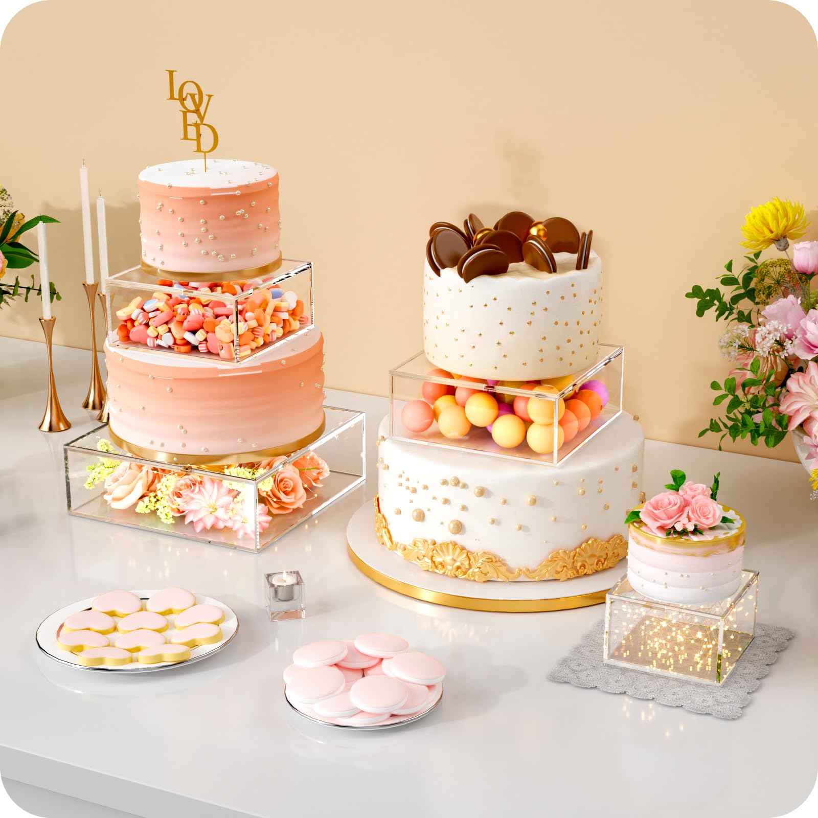 2PCS Clear Acrylic Cake Stand, Fillable Cake Box Riser Cake Tier, Square Cake Display Box with Lid, Decorative Centerpiece Box for Wedding Birthday Party (2pcs, 10" Dx4” H; 6" Dx4” H, 2M LED Lights)