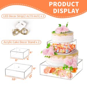 2PCS Clear Acrylic Cake Stand, Fillable Cake Box Riser Cake Tier, Square Cake Display Box with Lid, Decorative Centerpiece Box for Wedding Birthday Party (2pcs, 10" Dx4” H; 6" Dx4” H, 2M LED Lights)