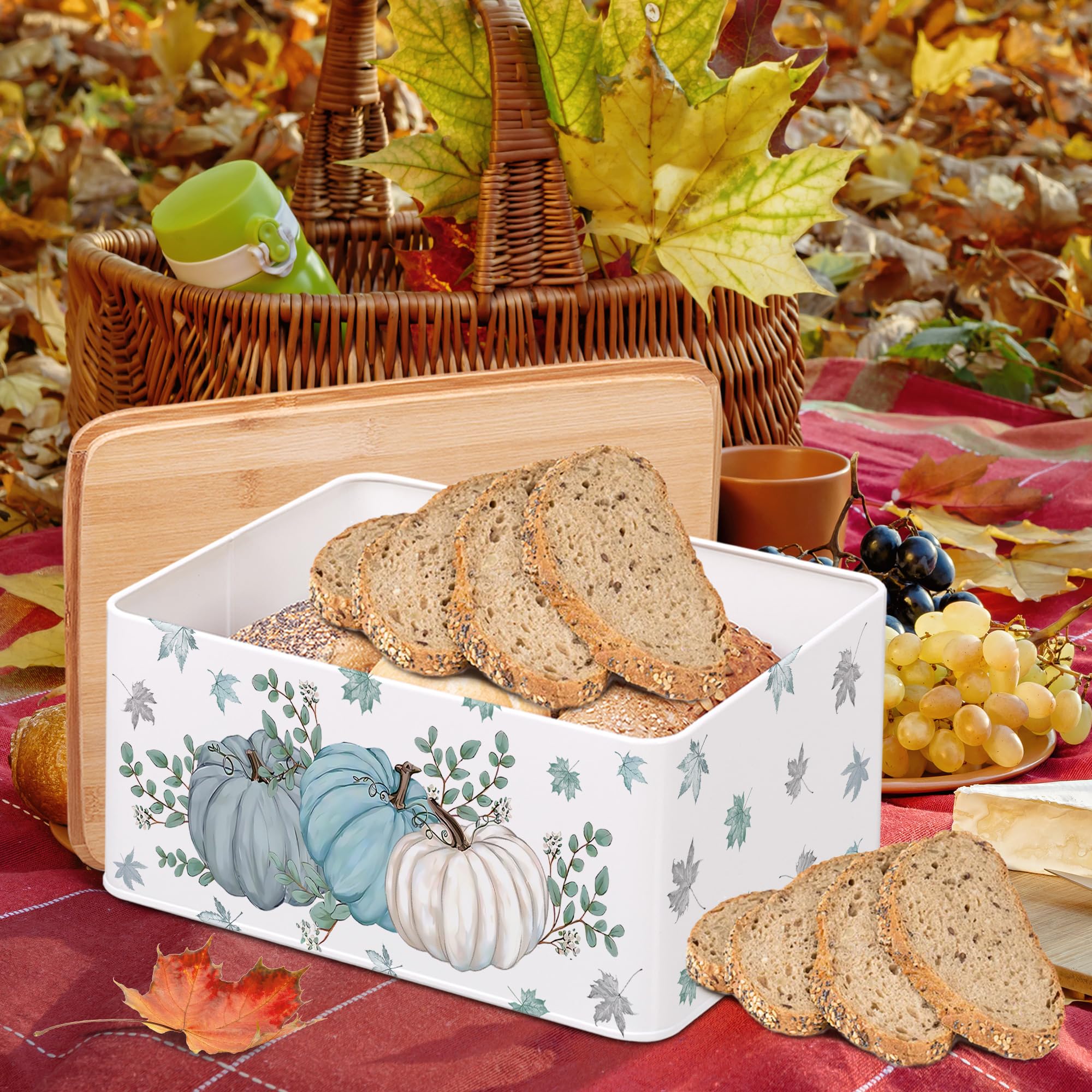 pinata fall bread box for fall decor, fall bread container with lid, pumpkin decor bread box for kitchen countertop for fall decorations, autumn home decor bread keeper (13 * 8.5 * 5.3 inch, white