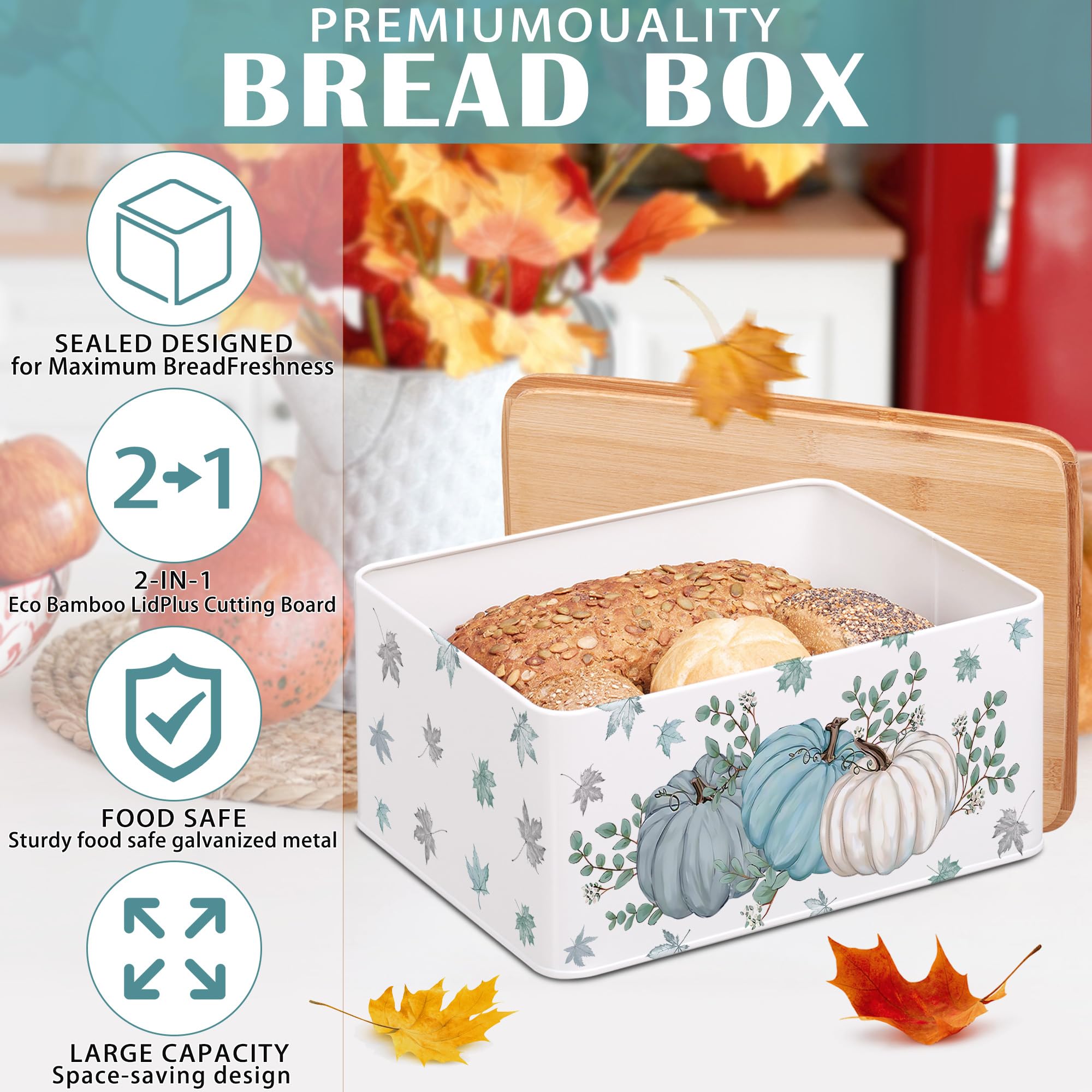 pinata fall bread box for fall decor, fall bread container with lid, pumpkin decor bread box for kitchen countertop for fall decorations, autumn home decor bread keeper (13 * 8.5 * 5.3 inch, white