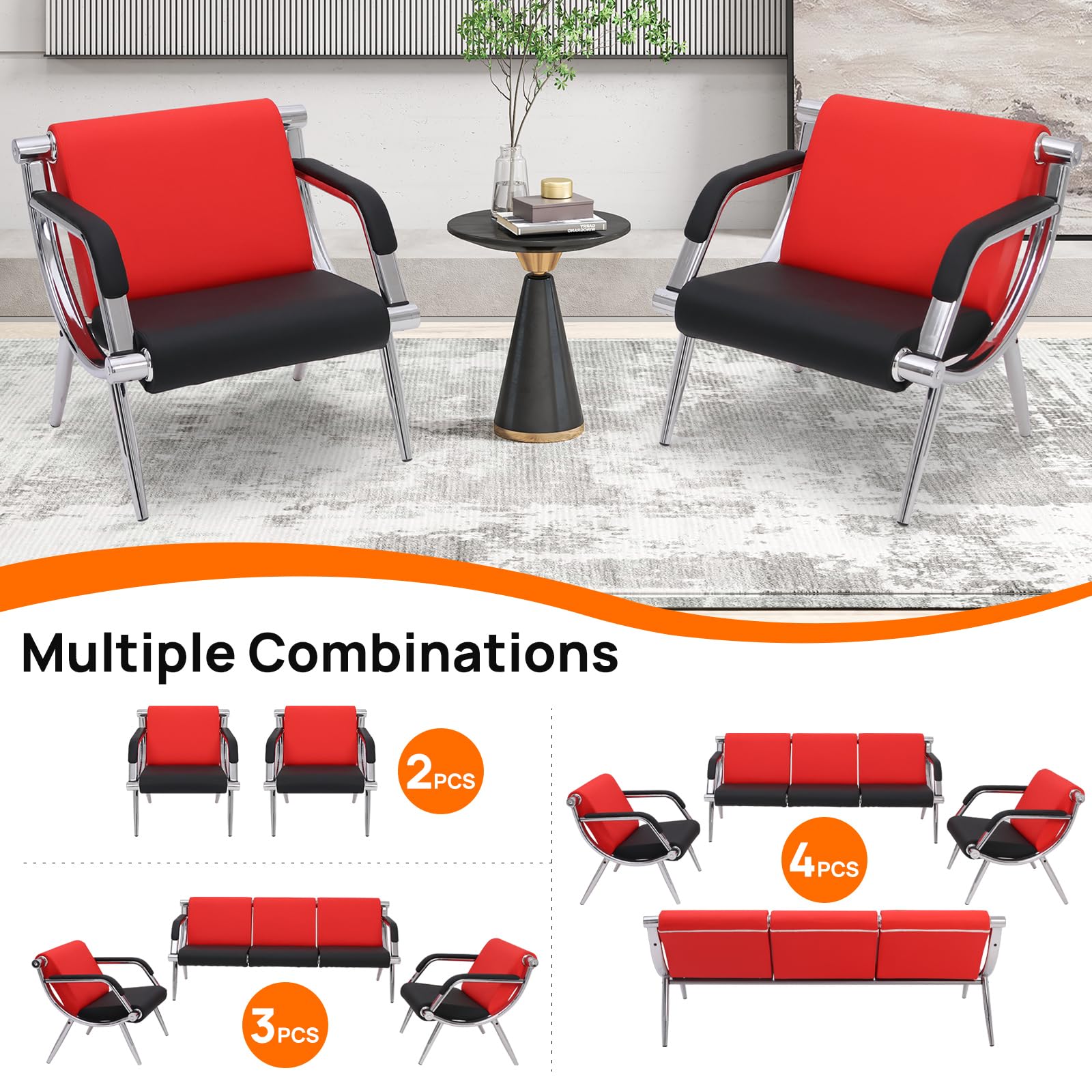 Walmokid Waiting Room Chairs with Armrest, PU Leather Office Furniture, Lobby Conference Reception Chairs, Office Guest Seating for Clinic,Airport,Hospital,Barber,Salon,Bank(Red&Black, 2)