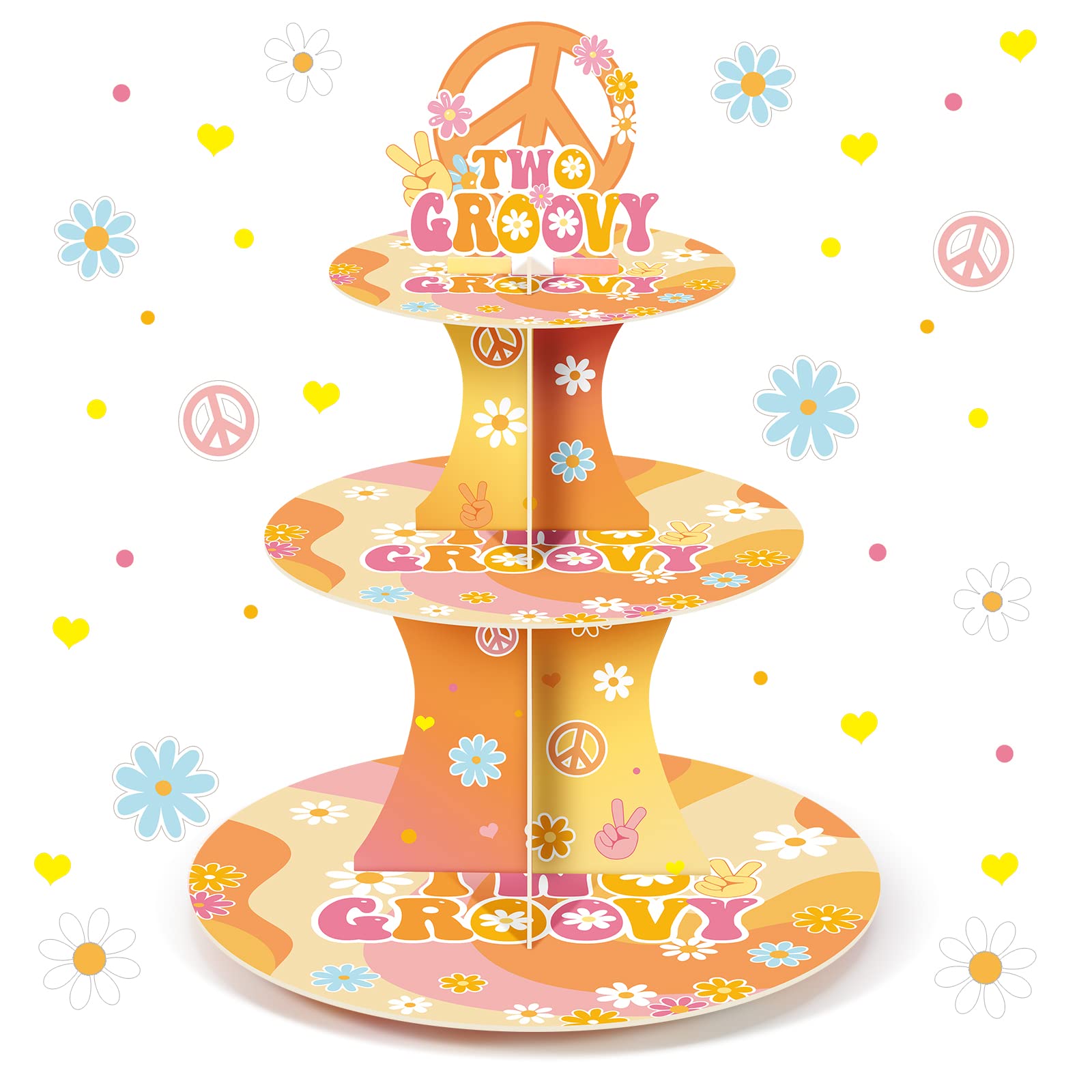 Ctosree 3 Tier Two Groovy Hippie Cupcake Stand Party Decorations Retro Hippie Boho Cupcake Holder Daisy Flower Groovy Rainbow Dessert Tower for Teens Adults Hippie Theme Birthday Party Supplies