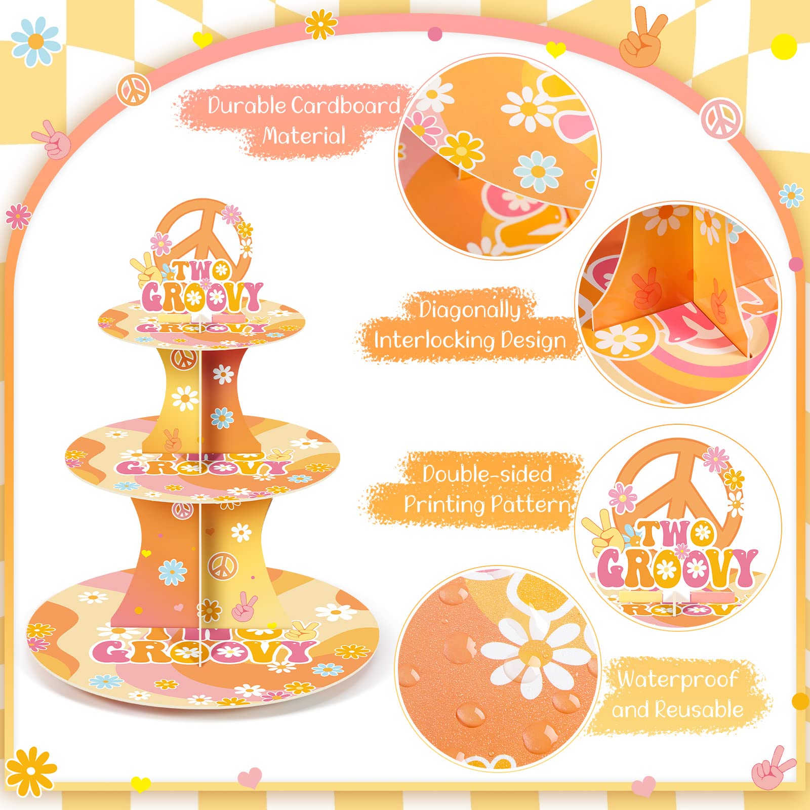 Ctosree 3 Tier Two Groovy Hippie Cupcake Stand Party Decorations Retro Hippie Boho Cupcake Holder Daisy Flower Groovy Rainbow Dessert Tower for Teens Adults Hippie Theme Birthday Party Supplies