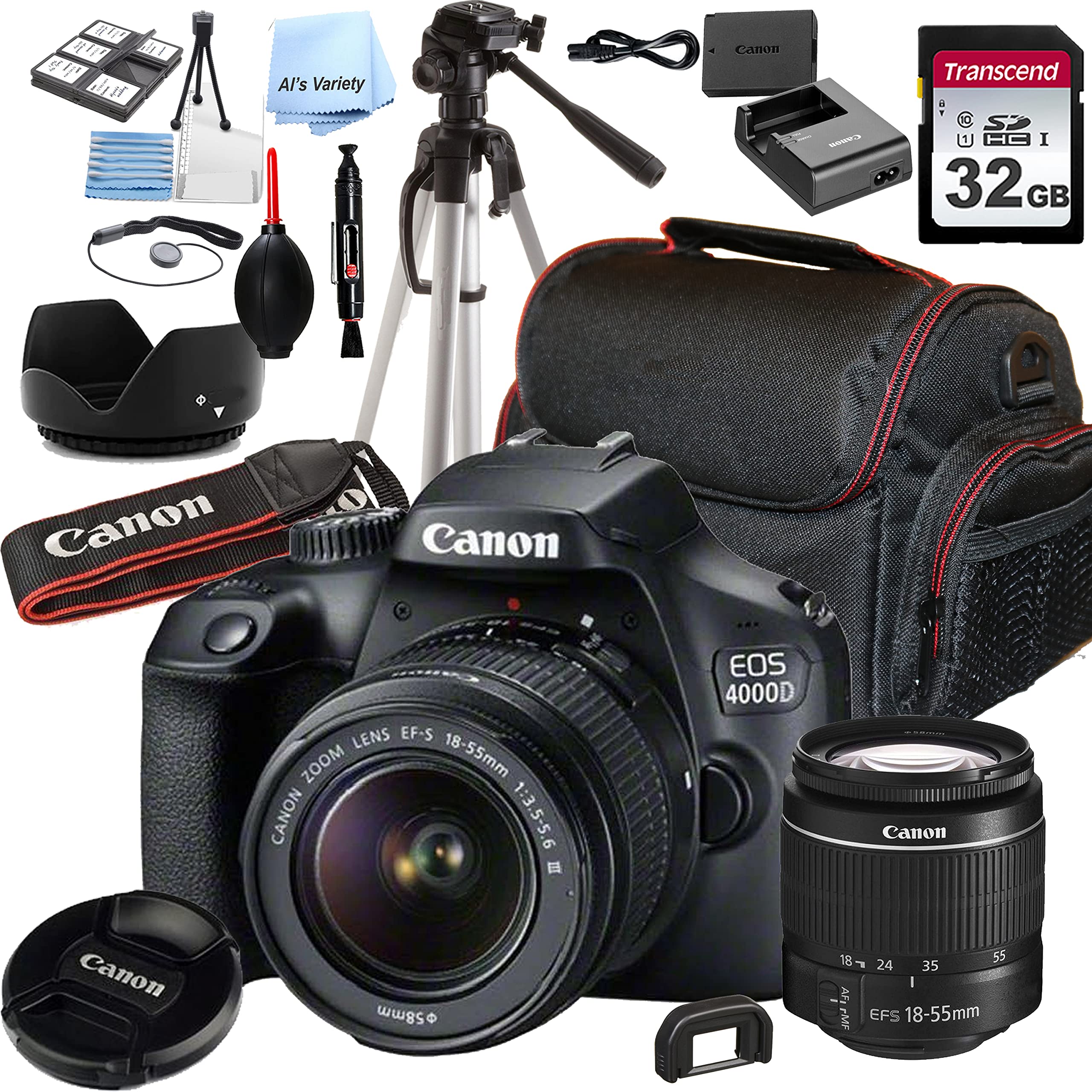 Canon EOS 4000D (Rebel T100) DSLR Camera w/EF-S 18-55mm F/3.5-5.6 Zoom Lens + 32GB Memory + Case + Tripod + Filters (20pc Bundle) (Renewed)