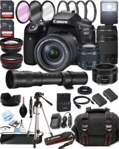 canon eos 90d dslr camera w/ef-s 18-55mm f/4-5.6 is stm zoom lens + 75-300mm f/4-5.6 iii lens ef 50mm f/1.8 stm lens + 420-800mm super telephoto lens + 128gb memory (42pc extreme bundle) (renewed)