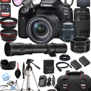 Canon EOS 90D DSLR Camera w/EF-S 18-55mm F/4-5.6 is STM Zoom Lens + 75-300mm F/4-5.6 III Lens EF 50mm f/1.8 STM Lens + 420-800mm Super Telephoto Lens + 128GB Memory (42pc Extreme Bundle) (Renewed)