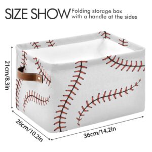 Baseball Stitches Storage Basket Bin Sport Softball Large Fabric Toys Storage Cube Box Set of 2 with Handles Collapsible Closet Shelf Cloth Organizer Basket for Nursery Bedroom Bathroom Playroom