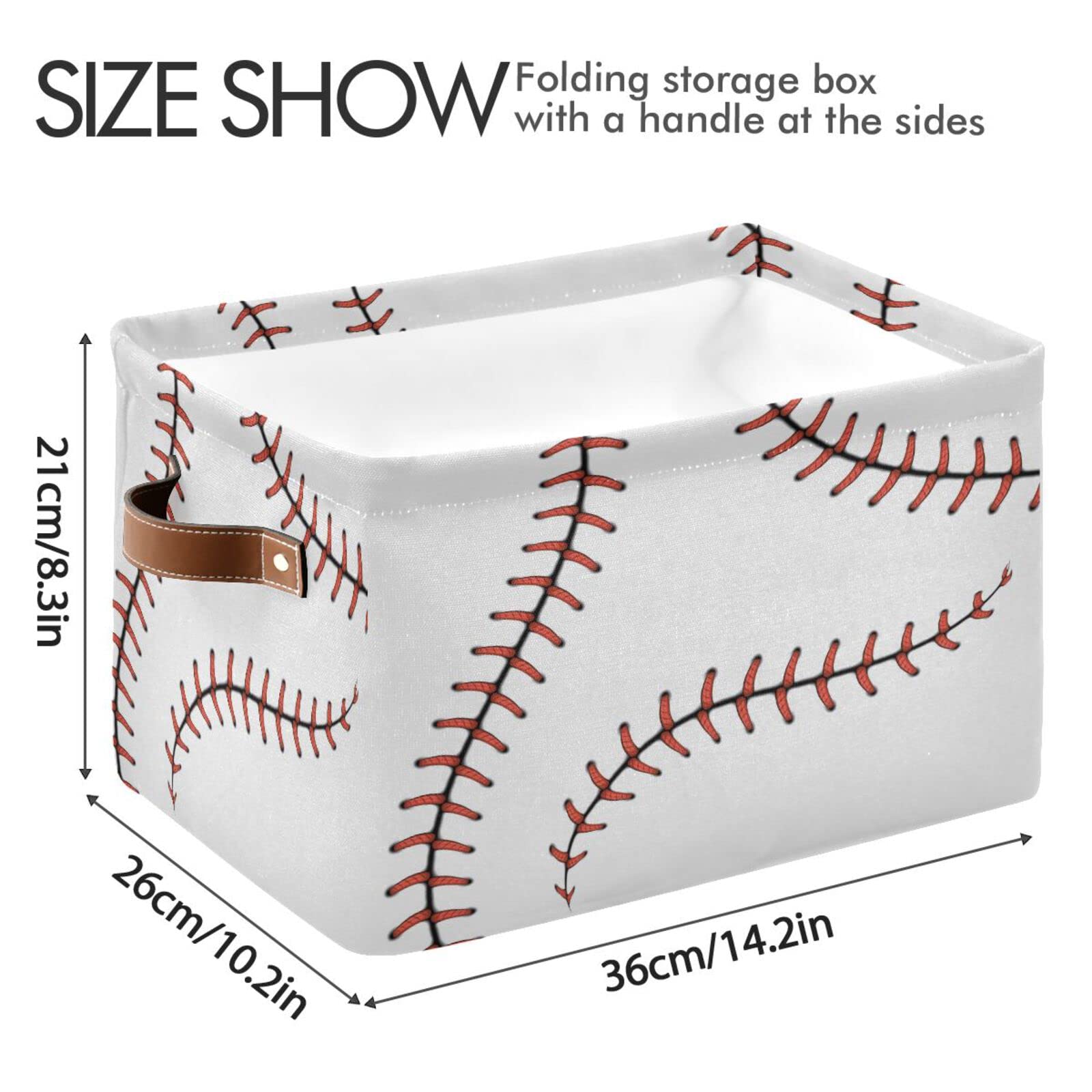 Baseball Stitches Storage Basket Bin Sport Softball Large Fabric Toys Storage Cube Box Set of 2 with Handles Collapsible Closet Shelf Cloth Organizer Basket for Nursery Bedroom Bathroom Playroom