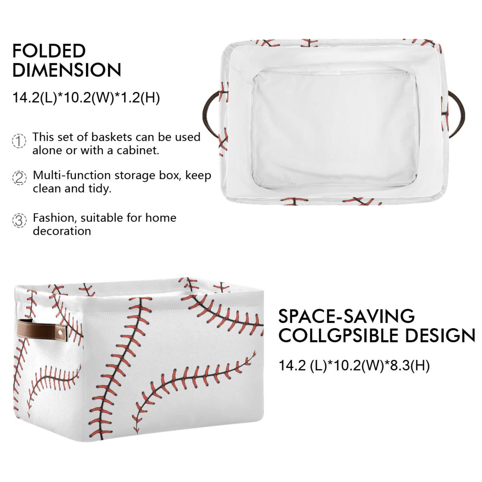 Baseball Stitches Storage Basket Bin Sport Softball Large Fabric Toys Storage Cube Box Set of 2 with Handles Collapsible Closet Shelf Cloth Organizer Basket for Nursery Bedroom Bathroom Playroom