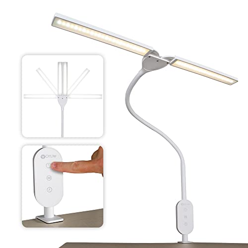 OttLite Pivot LED Clamp Desk Lamp - Dual Lamp Shades & Flexible Neck with ClearSun LED Technology - 3 Color Temperature Modes, Dimmable LEDs & Touch-Activated Controls for Crafting, Sewing, & Studying