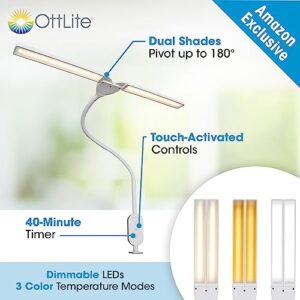 OttLite Pivot LED Clamp Desk Lamp - Dual Lamp Shades & Flexible Neck with ClearSun LED Technology - 3 Color Temperature Modes, Dimmable LEDs & Touch-Activated Controls for Crafting, Sewing, & Studying
