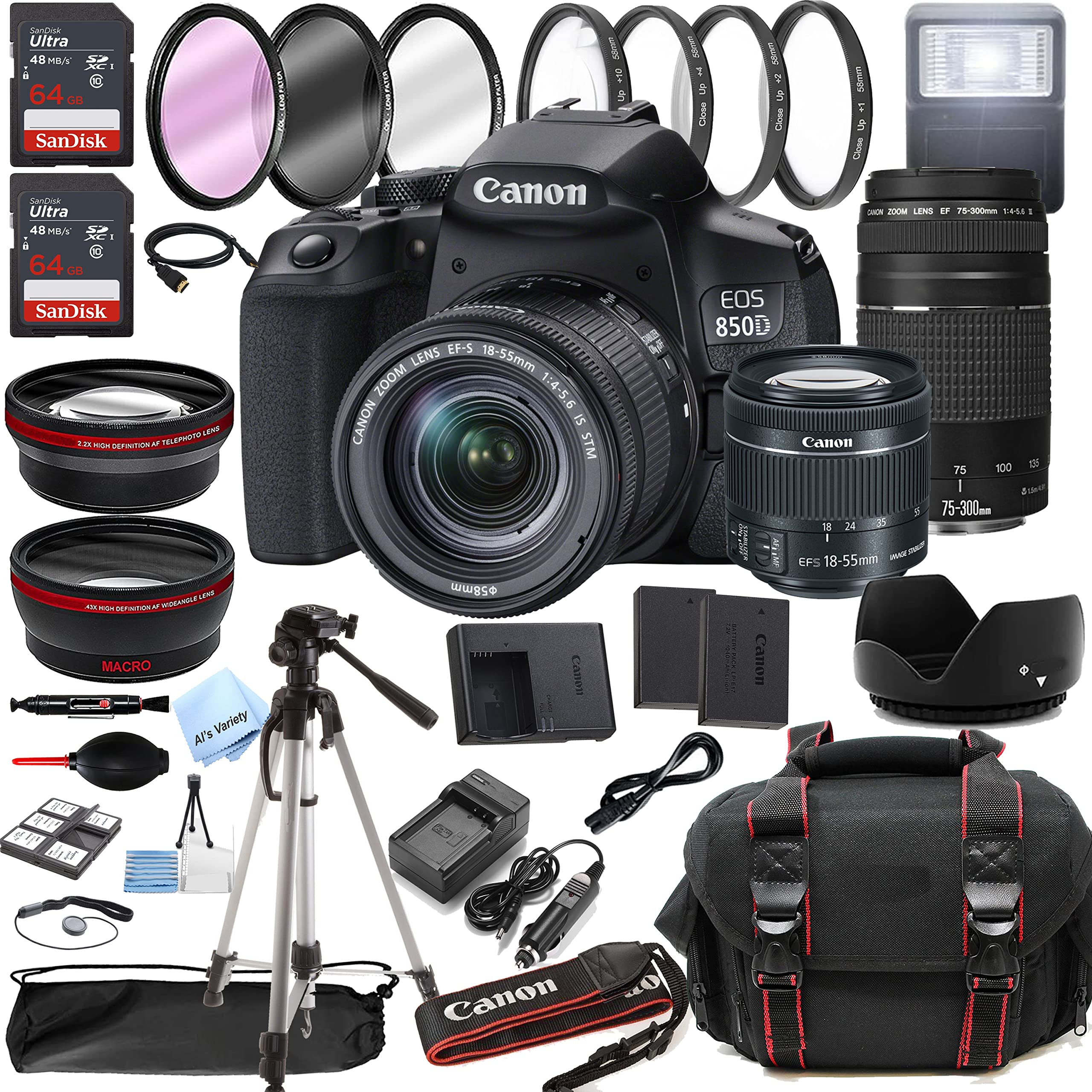 Canon EOS 850D (Rebel T8i) DSLR Camera w/EF-S 18-55mm F/4-5.6 is STM Zoom Lens + 75-300mm F/4-5.6 III Lens + 128GB Memory + Case + Tripod + Filters (38pc Bundle) (Renewed)