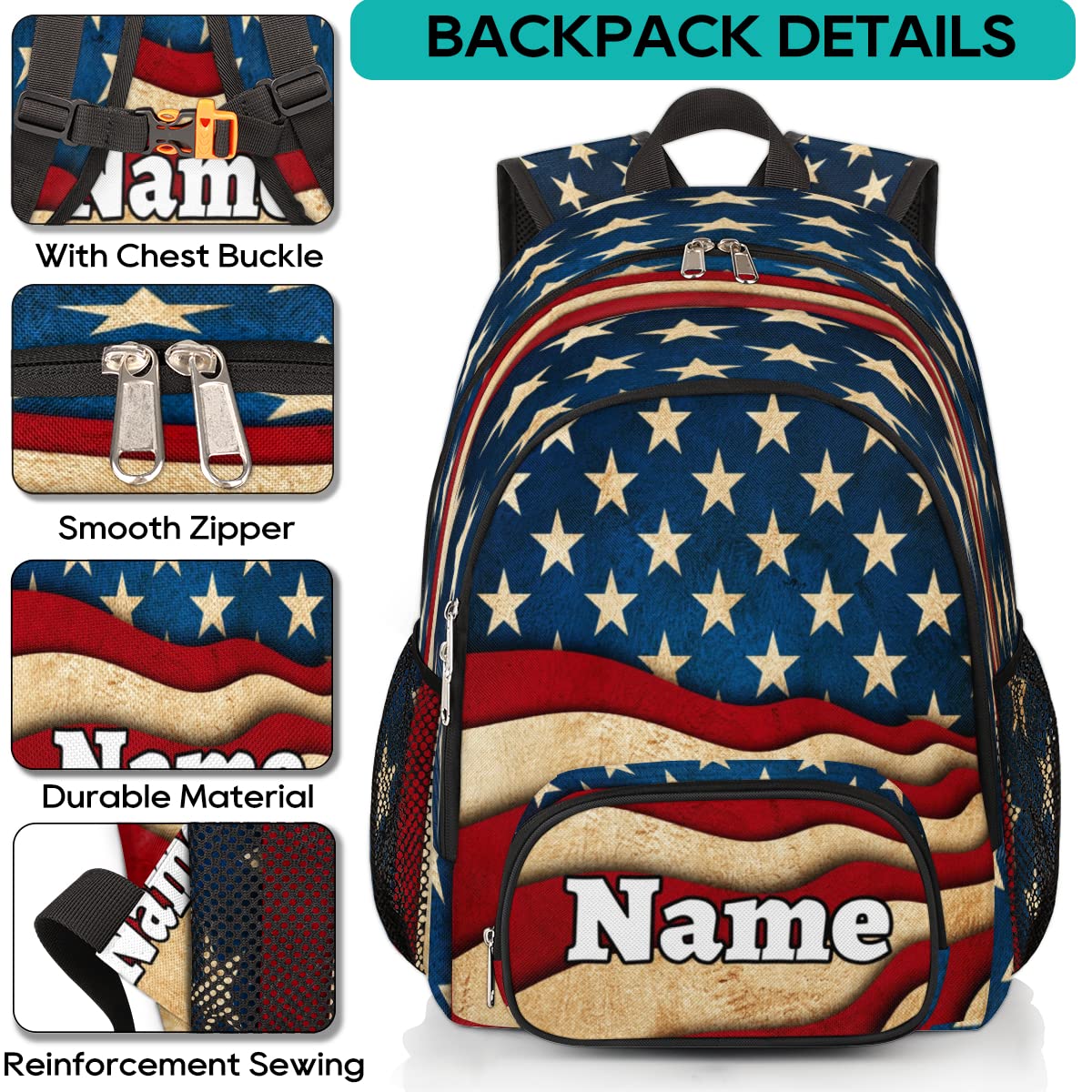 Herdesigns American Flag Custom Backpack for Men Women Adult 4th of July Personalized Lightweight Casual Laptop Backpack Customized Computer Hiking Gym Travel Travel Daypack with Name