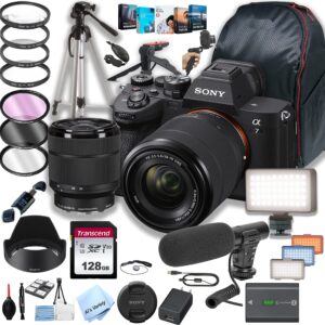 sony a7 iv mirrorless digital camera with 28-70mm lens + 128gb memory + led video light + microphone + back pack + steady grip pod + tripod + filters + software + more (36pc bundle)