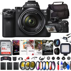 sony a7 ii mirrorless camera with 28-70mm lens (ilce7m2k/b) + filter kit + wide angle lens + telephoto lens + color filter kit + lens hood + bag + 64gb card + 2 x npf-w50 battery + more (renewed)