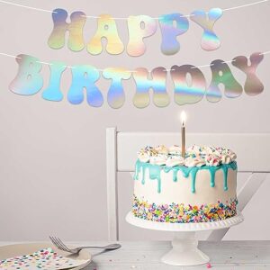 Pre-Strung Happy Birthday Banner - NO DIY - Iridescent Birthday Party Banner - Pre-Strung Garland on 8 ft Strands - Holographic Shiny Foil Retro 70s Birthday Party Decorations. Did we Mention no DIY