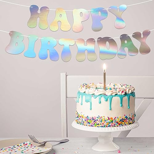 Pre-Strung Happy Birthday Banner - NO DIY - Iridescent Birthday Party Banner - Pre-Strung Garland on 8 ft Strands - Holographic Shiny Foil Retro 70s Birthday Party Decorations. Did we Mention no DIY