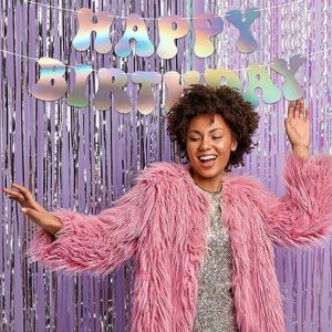 Pre-Strung Happy Birthday Banner - NO DIY - Iridescent Birthday Party Banner - Pre-Strung Garland on 8 ft Strands - Holographic Shiny Foil Retro 70s Birthday Party Decorations. Did we Mention no DIY