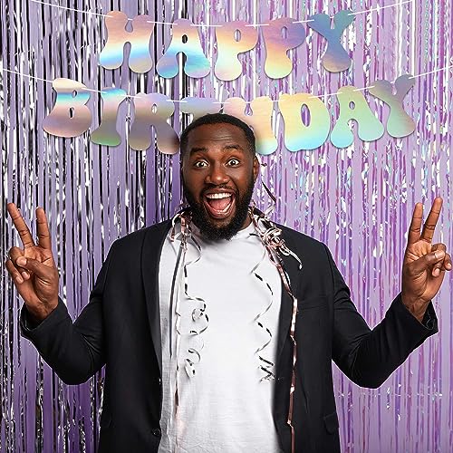 Pre-Strung Happy Birthday Banner - NO DIY - Iridescent Birthday Party Banner - Pre-Strung Garland on 8 ft Strands - Holographic Shiny Foil Retro 70s Birthday Party Decorations. Did we Mention no DIY